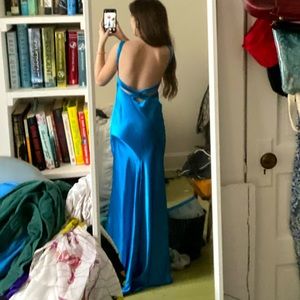 blue backless satin prom dress evening gown size 2